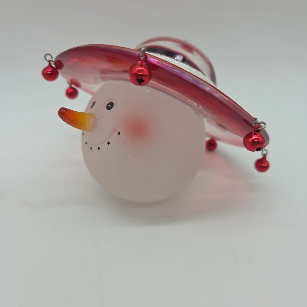 Art Glass Snowman Face In Garden Sunhat With Bells Hanging Christmas Ornament